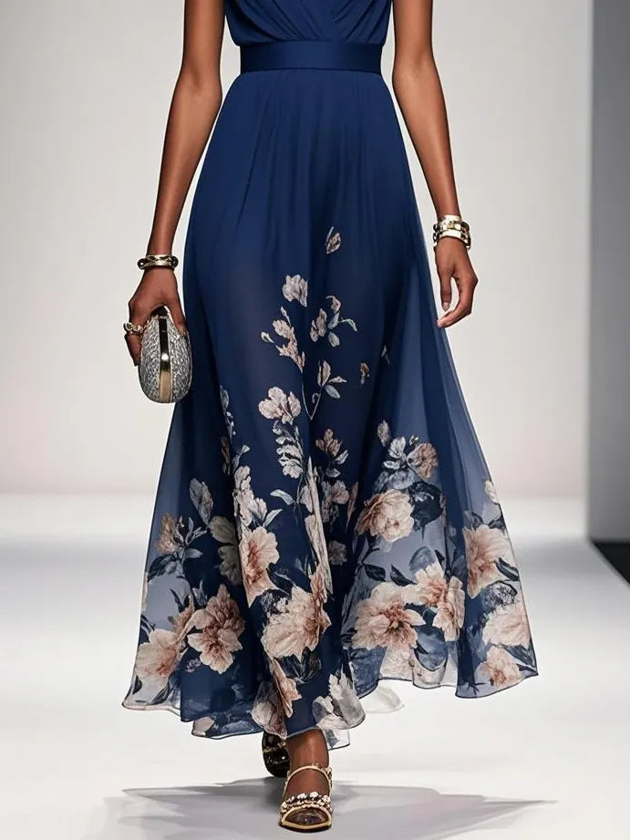 Navy Blue Floral Mesh V Neck Sleeveless A-Line Maxi Dress