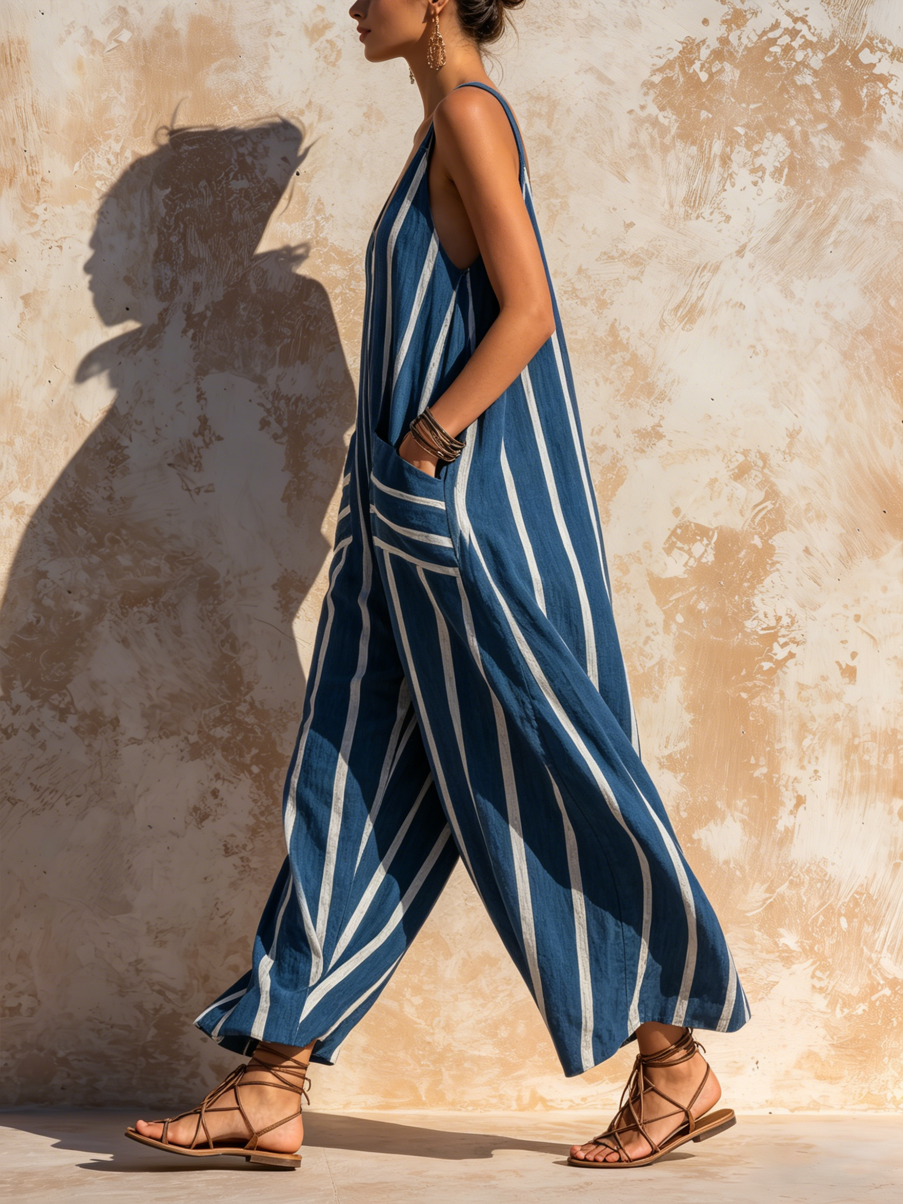 Oversized Striped Sleeveless Jumpsuit With Deep Pockets
