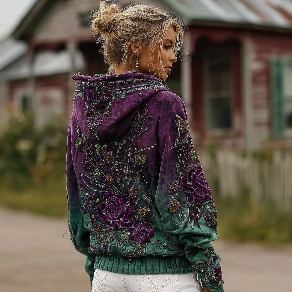 Women's Retro Purple Rose Gradient Pattern Casual Hoodie