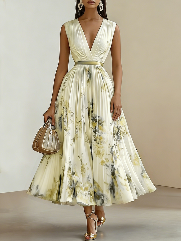 White Pleated Floral Chiffon V Neck Sleeveless A-Line Midi Dress
