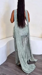 Halter Velvet Fringe Formal Gown Set
