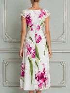 Elegant Floral Lace Sleeve Midi Dress