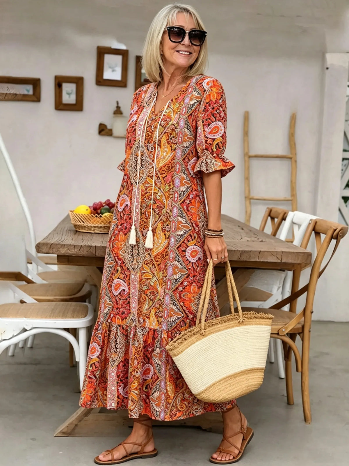 Vacation DRESS Paisley Bohemian Long Length Vintage Print Tassel Tie Neck Tunic Dress - Elegant Vacation Style with Drawstring, Ruffle Hem, and Random Printing