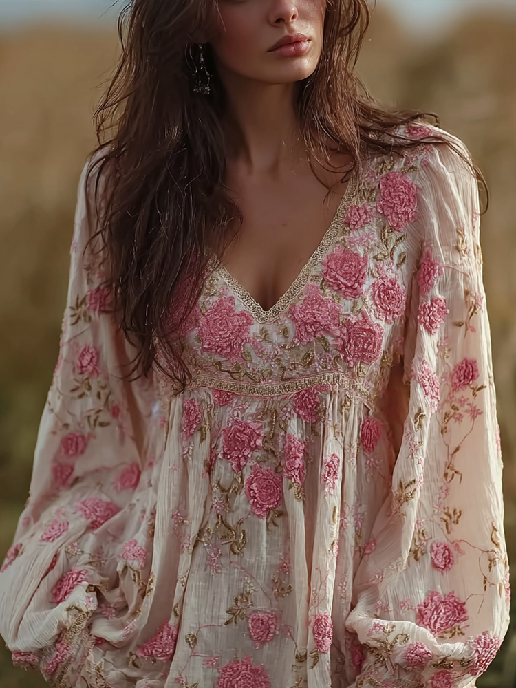 Bohemian Style Pink Floral Design V-neck Long-sleeve Top