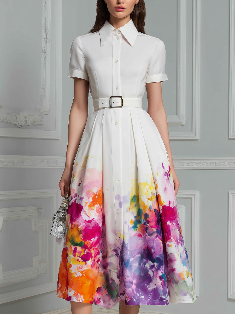 Collared Button-Front Floral A-Line Midi Dress With Belt