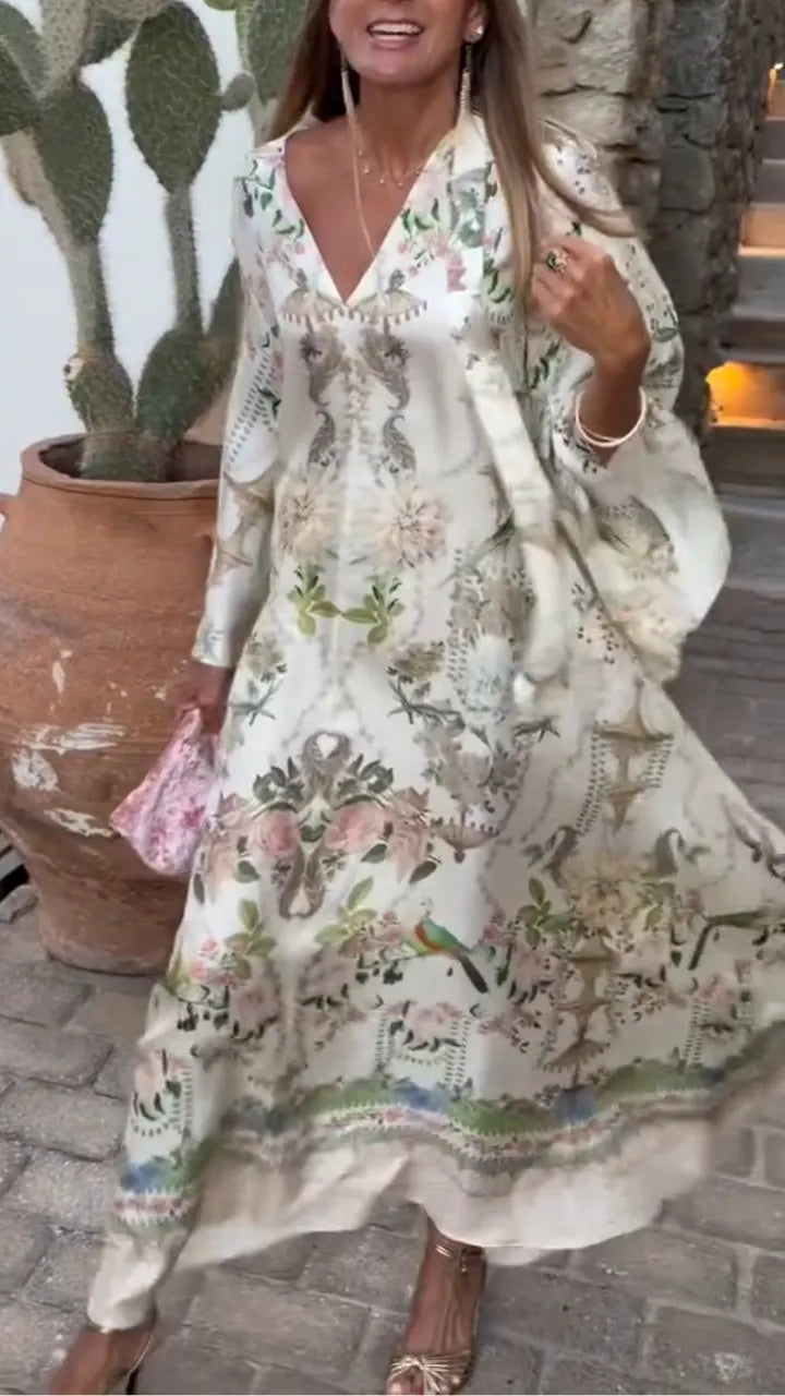 V Neck Floral Print Long Sleeve Maxi Dress