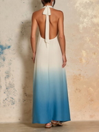 White To Sky Blue Ombre Halter Neck Maxi Dress