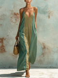 Color Block Denim Cami Maxi Dress In Sage & Olive