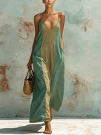 Color Block Denim Cami Maxi Dress In Sage & Olive