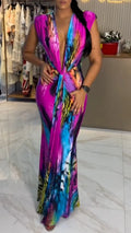 Colorful Tie‑Dye Deep V Twist Maxi Dress