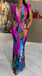 Colorful Tie‑Dye Deep V Twist Maxi Dress