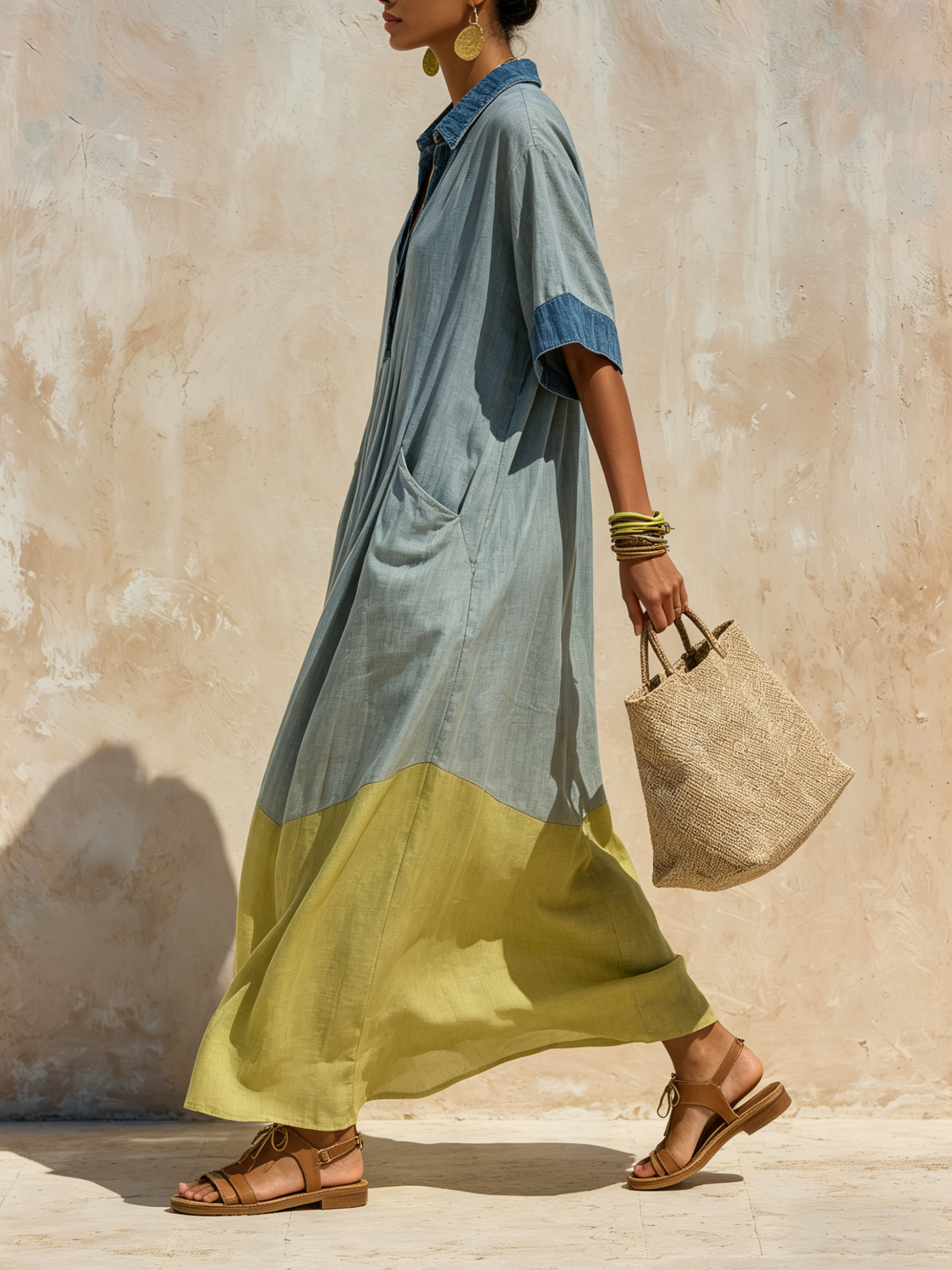 Oversized Denim Linen Maxi Dress - Breathable Two-Tone Casual Cover-Up