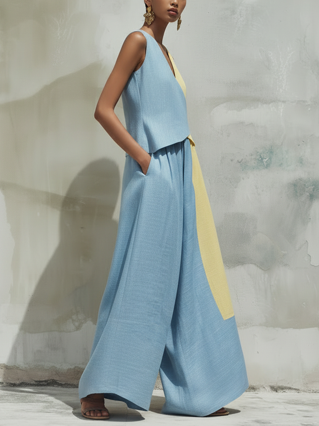 Light Blue & Yellow Colorblock Linen Two Piece Set