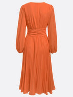 Orange Pleated V Neck Balloon Sleeve A-Line Midi Chiffon Dress