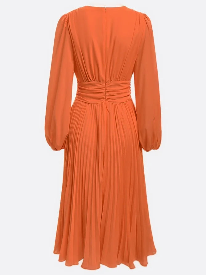 Orange Pleated V Neck Balloon Sleeve A-Line Midi Chiffon Dress