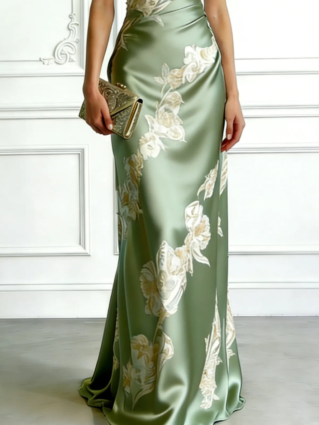 Green Floral Satin One Shoulder Sleeveless Sheath Floor-length Gown Dress