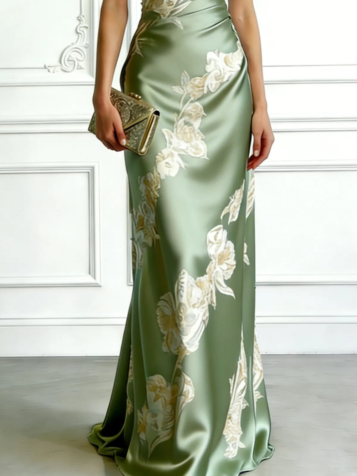 Green Floral Satin One Shoulder Sleeveless Sheath Floor-length Gown Dress