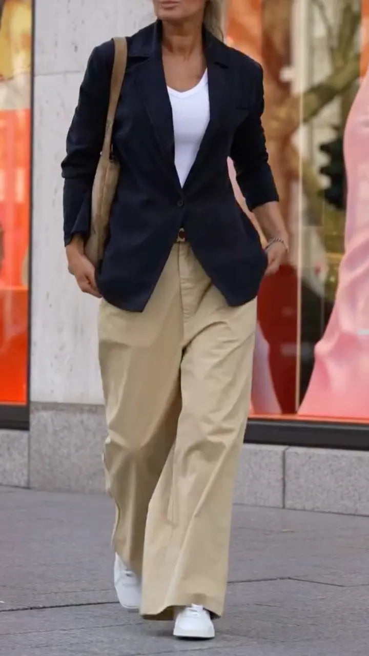 Navy Blazer & Khaki Wide‐Leg Trousers Matching Set