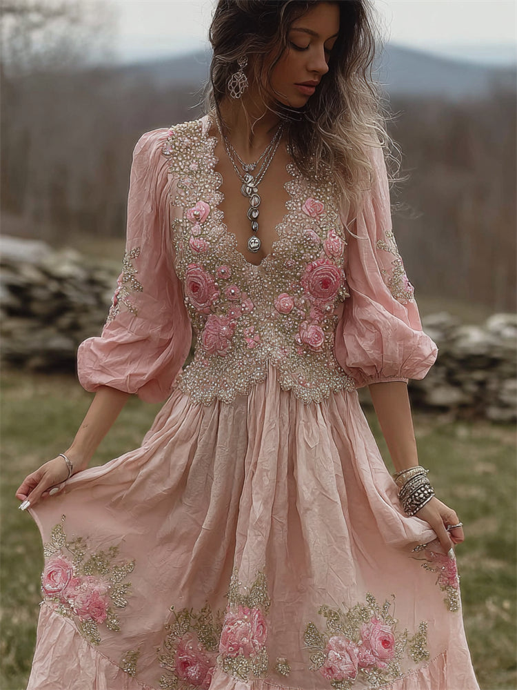 Vintage Pink Roses Embroidered Lace Linen Maxi Dress