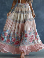 Women's Spring Floral Embroidered Art Print Flowy Linen Blend Casual Skirt