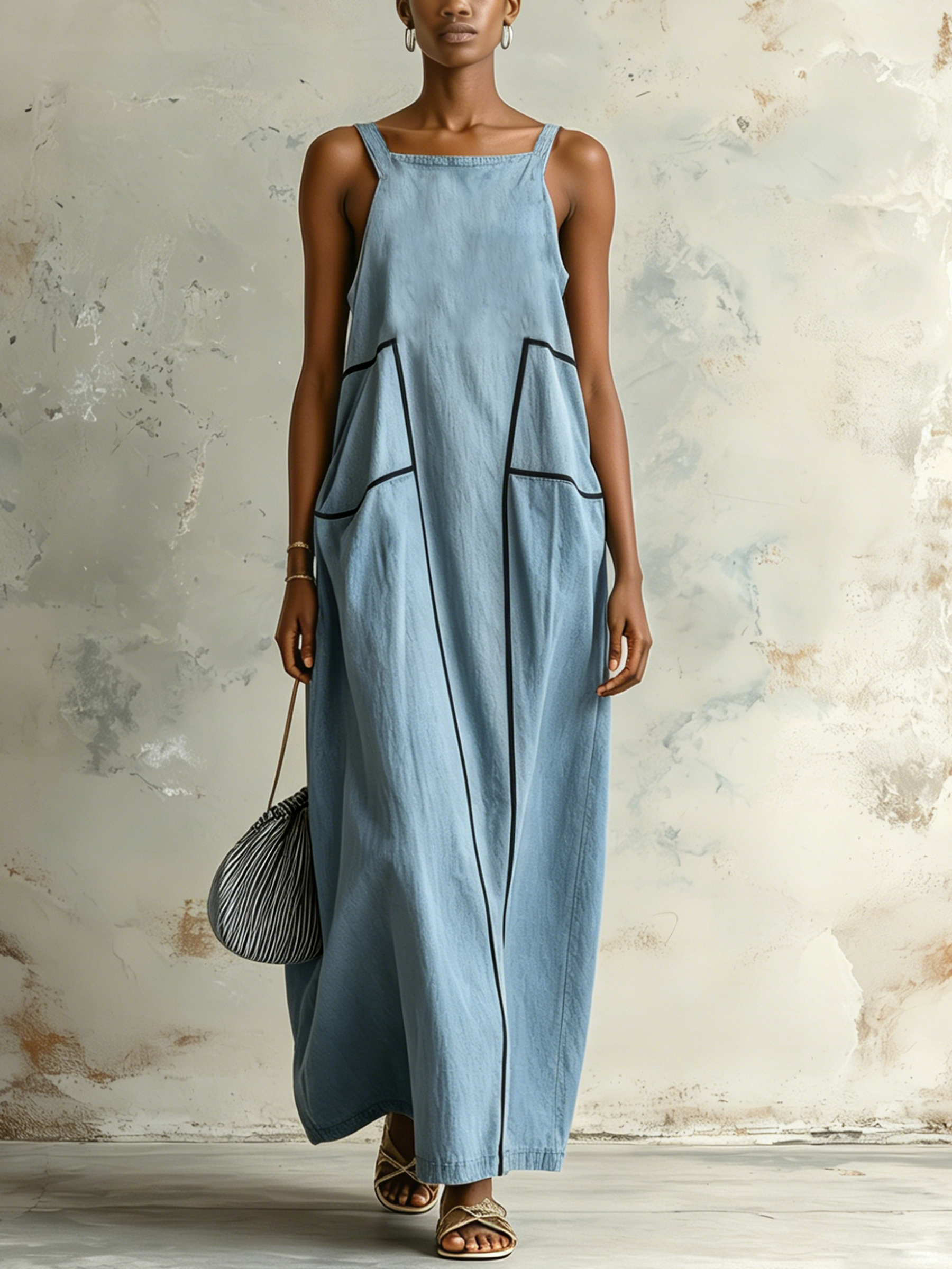 Light Blue Denim Contrast Trim Cami Maxi Dress