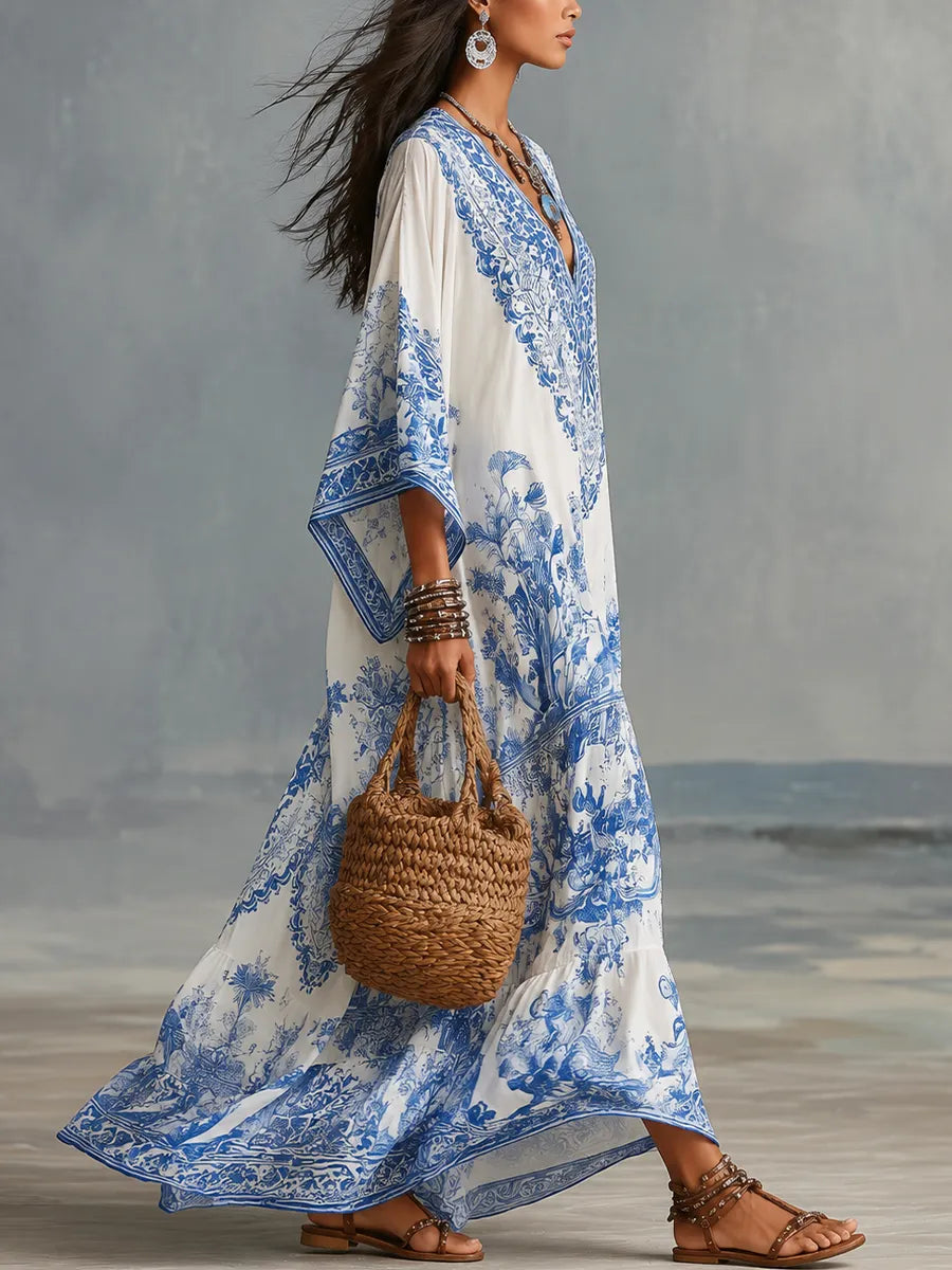 Refined Blue Porcelain Print V-Neck Kaftan Dress