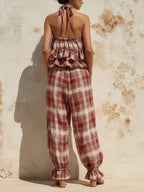 Red Plaid Ruffle-Hem Halter Jumpsuit - Effortless Summer Style