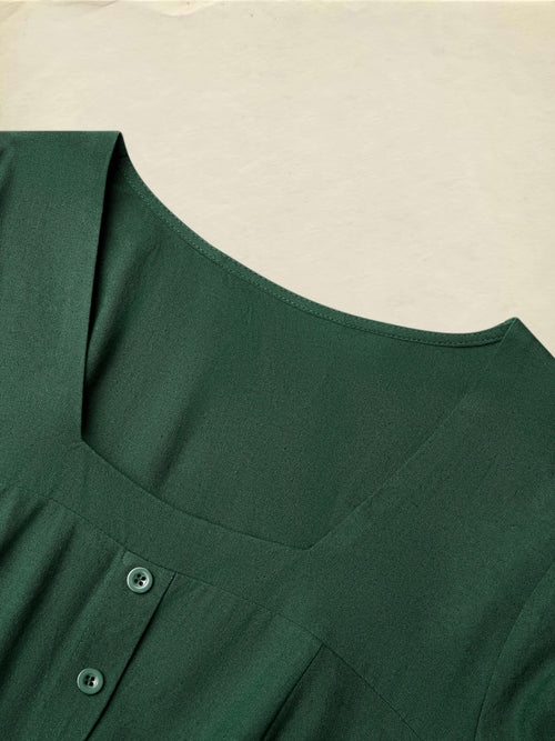 Linen Maxi Dress, Square Neck, Long Sleeves, Victorian Style, Linen Blend, Green