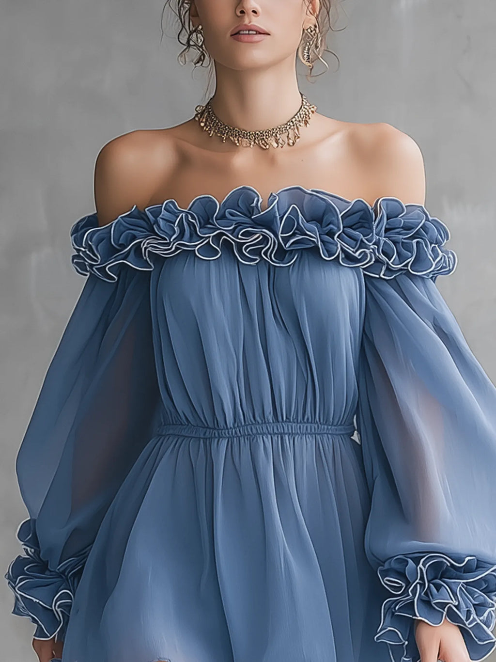 Dusty Blue Ruffled Trim Chiffon Off-Shoulder Mini Dress