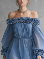 Dusty Blue Ruffled Trim Chiffon Off-Shoulder Mini Dress