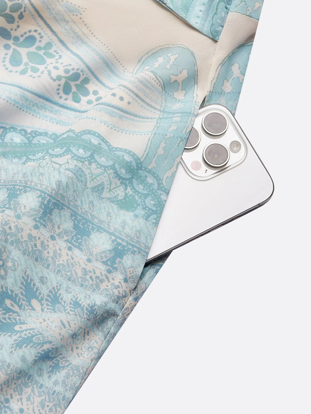 Light Blue Paisley Chiffon Crew Neck Long Sleeve Balloon Sleeve A-Line Maxi Dress With Pockets