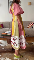Multicolor Block Print Puff Sleeve Boho Midi Dress