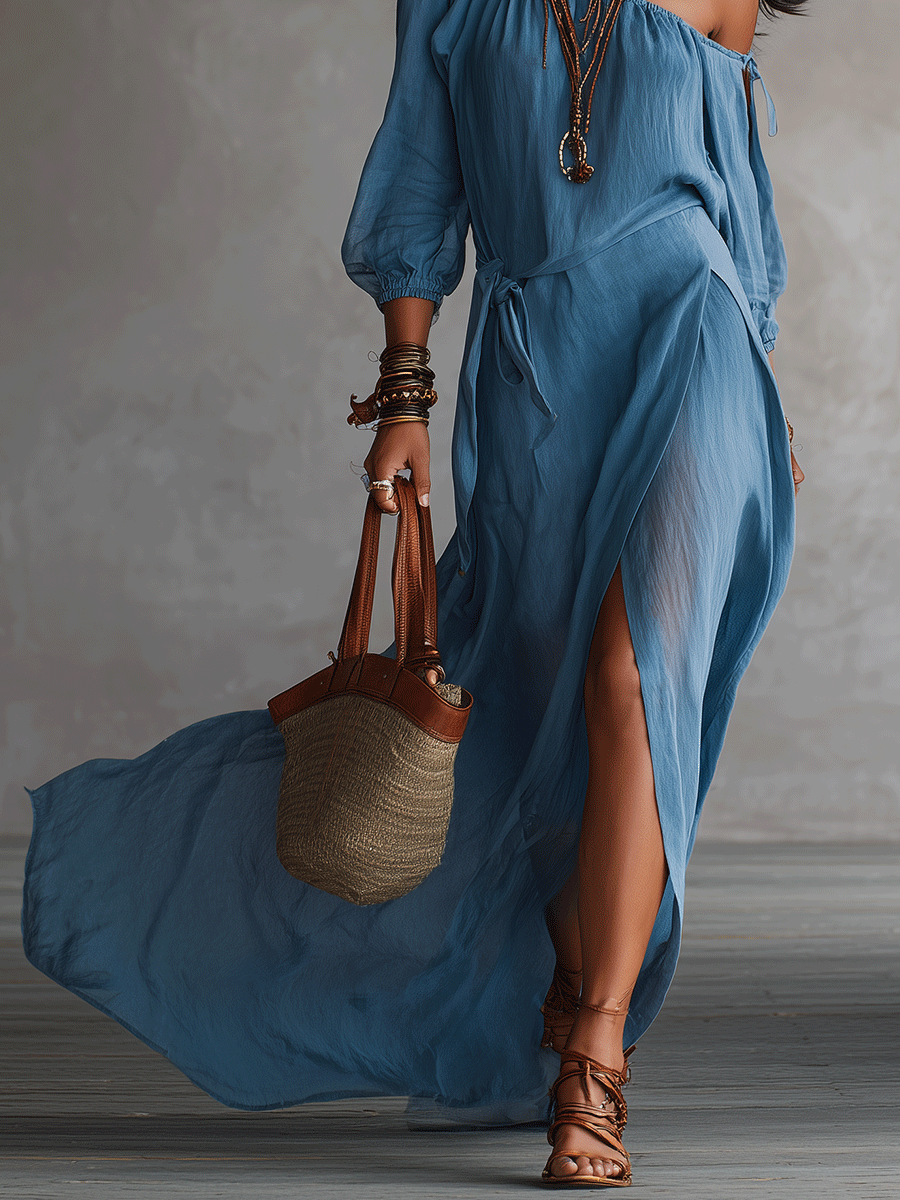 Bohemian One-Shoulder Flowing Slit Maxi Dress