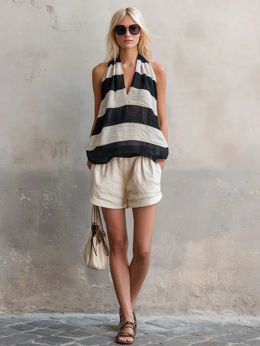Casual Retro Striped Sleeveless Chiffon Blouse And White Cotton Linen Shorts Set