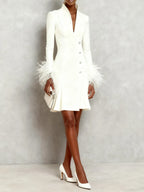 White Feather-trimmed Buckle Classic V Neck Stand Collar Long Sleeve A-Line Mini Dress