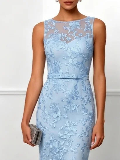 Light Blue Lace Boat Neck Sleeveless Mermaid Floor-length Gown Dress
