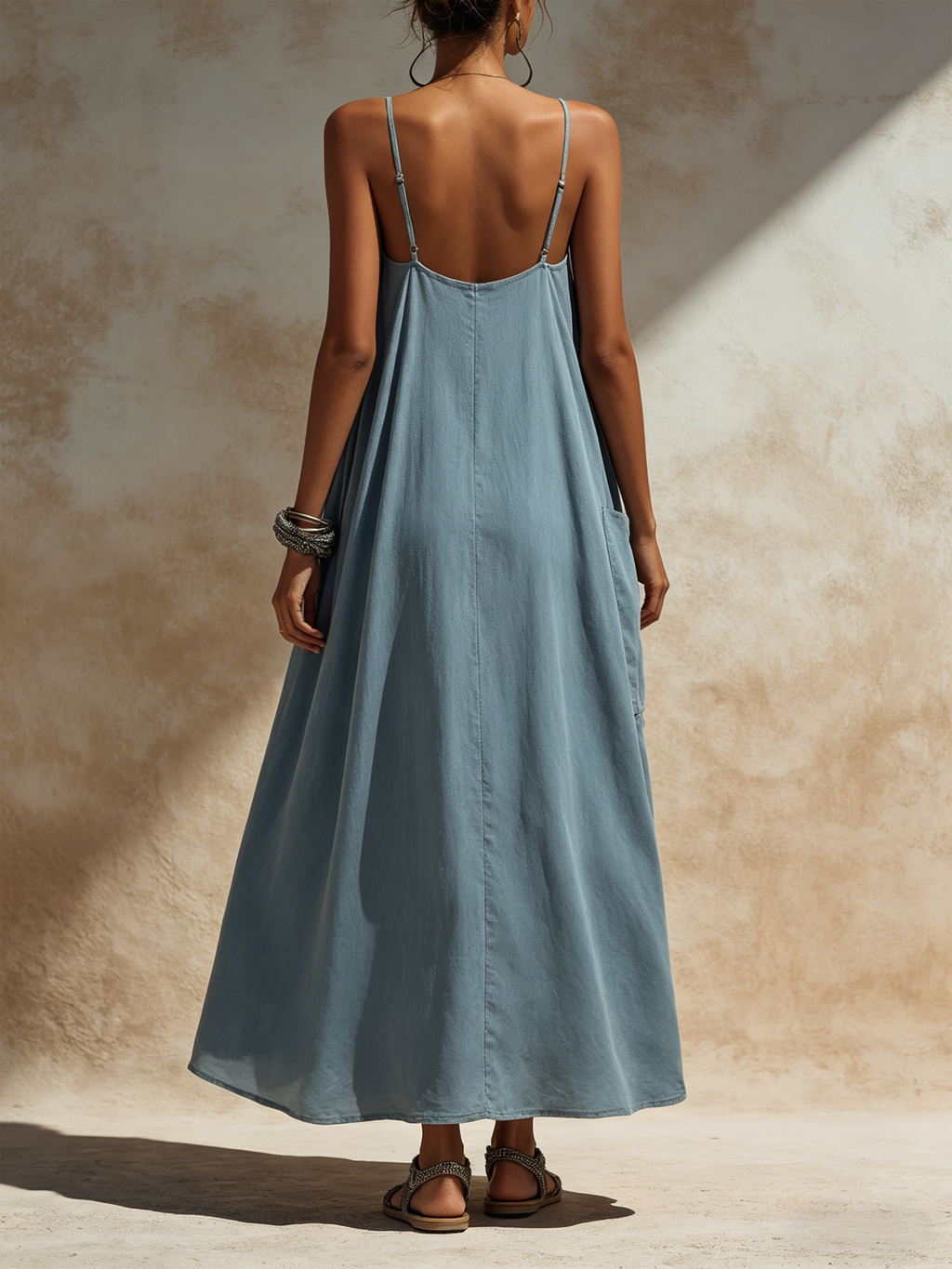 Slate Blue Linen-Blend Maxi Slip Dress - Oversized Pocketed Casual Dress