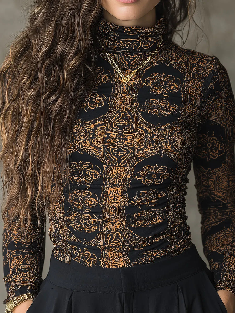 Retro Totem Print Stretch Knit Slim High Neck T-shirt
