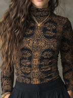 Retro Totem Print Stretch Knit Slim High Neck T-shirt