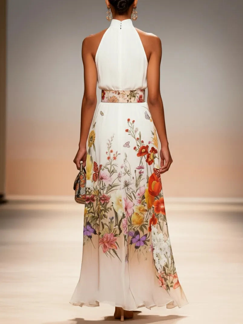 Orange Floral Chiffon Halter Mock Neck Sleeveless A-Line Maxi Dress
