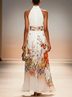 Orange Floral Chiffon Halter Mock Neck Sleeveless A-Line Maxi Dress