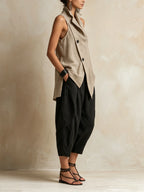 Asymmetric Linen-Blend Vest & Barrel Pants Set