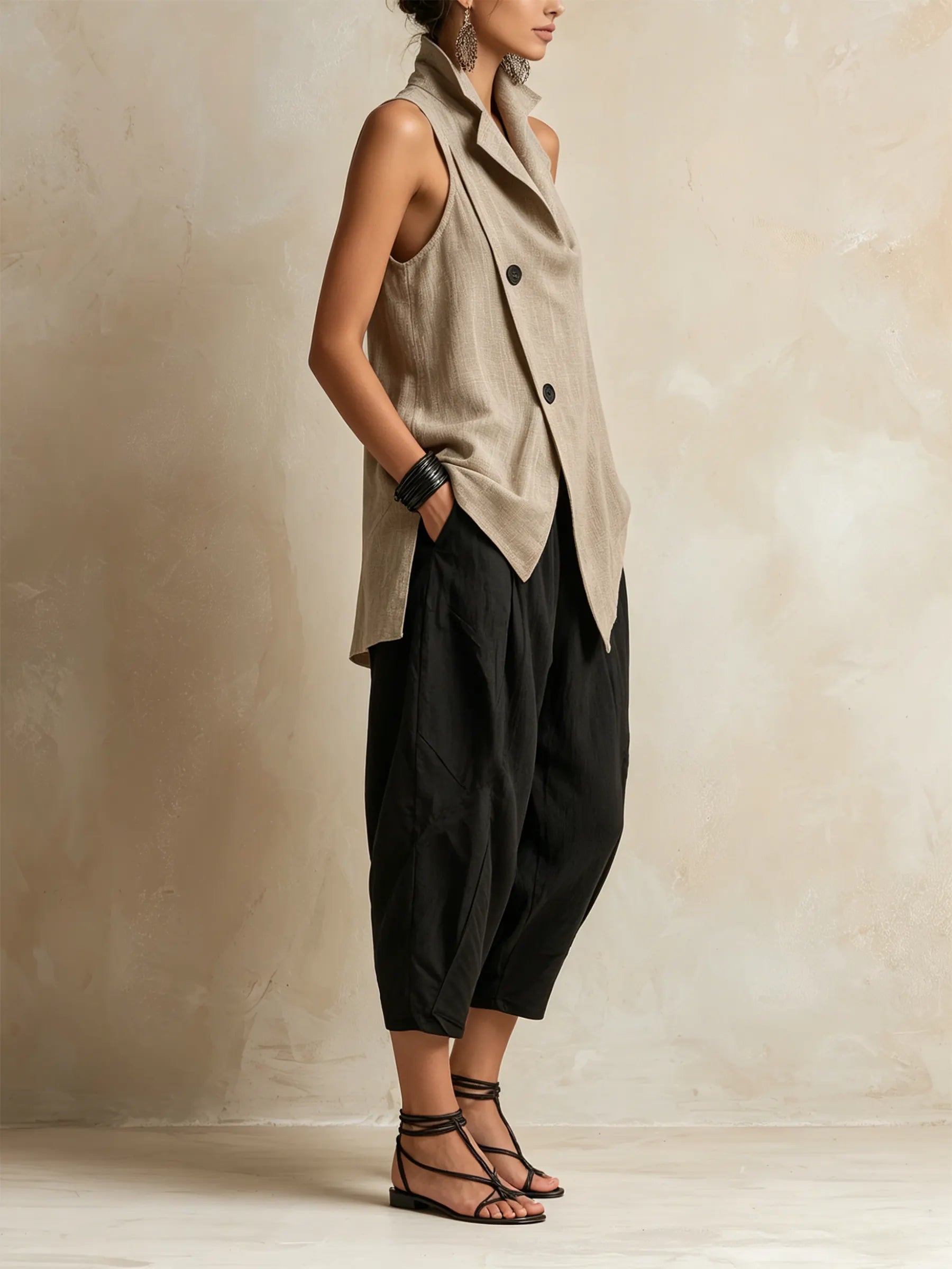 Asymmetric Linen-Blend Vest & Barrel Pants Set