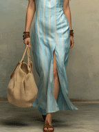 Boho Chic Striped Halter Neck Slit Maxi Dress