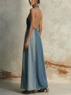 Blue Denim Halter Neck Cutout Color Block Maxi Dress