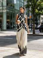 Black & White Ikat Print Pleated Sleeveless Top & Dip-Dye Wide-Leg Pants Set