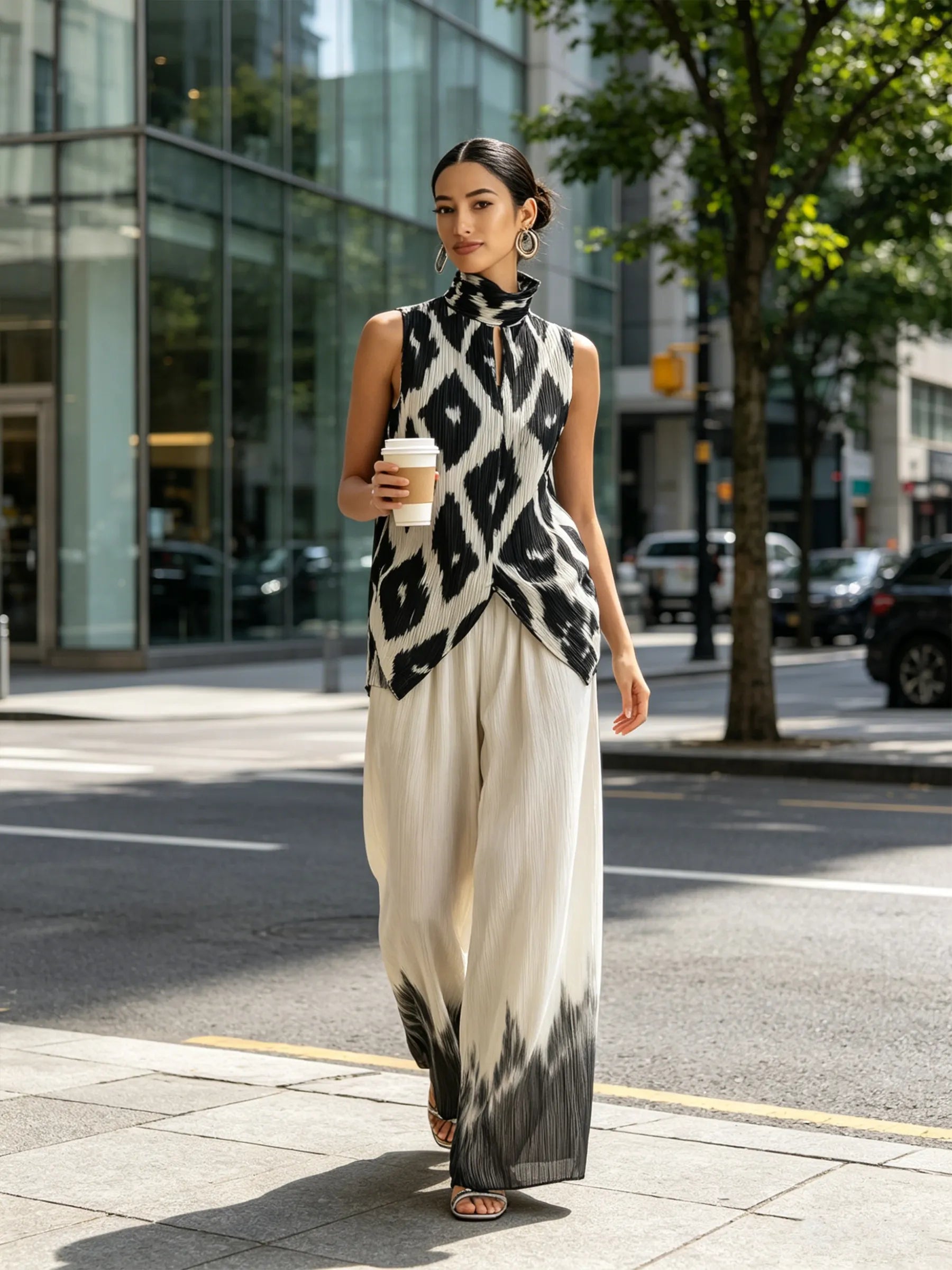 Black & White Ikat Print Pleated Sleeveless Top & Dip-Dye Wide-Leg Pants Set