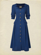 Midi Linen Dress, Half Sleeve, Shawl Collar, Plain, Button Design, Vintage, Dark Blue