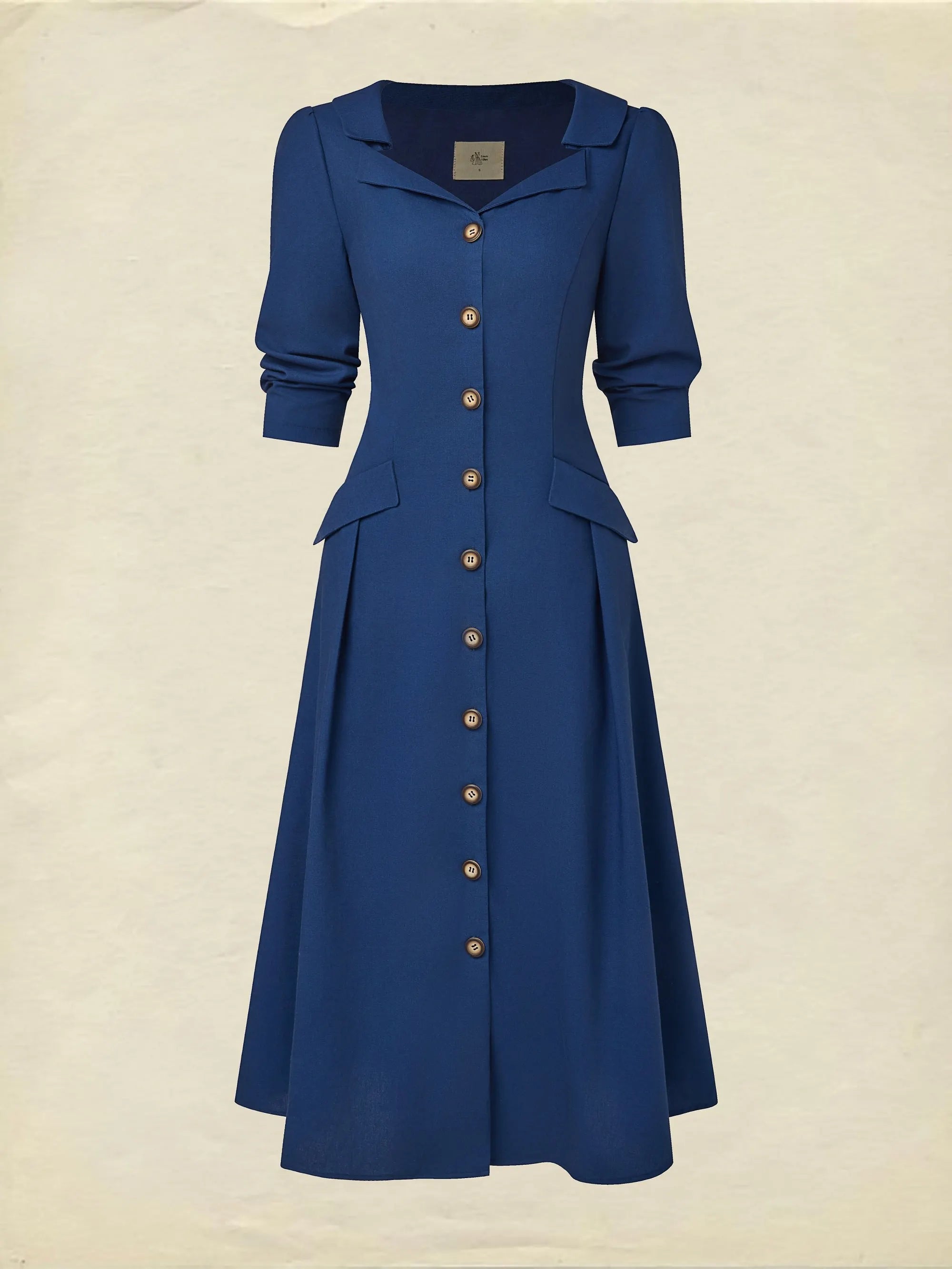 Midi Linen Dress, Half Sleeve, Shawl Collar, Plain, Button Design, Vintage, Dark Blue