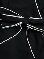 Black Piping Bow Classic V Neck Long Sleeve Sheath Midi Dress